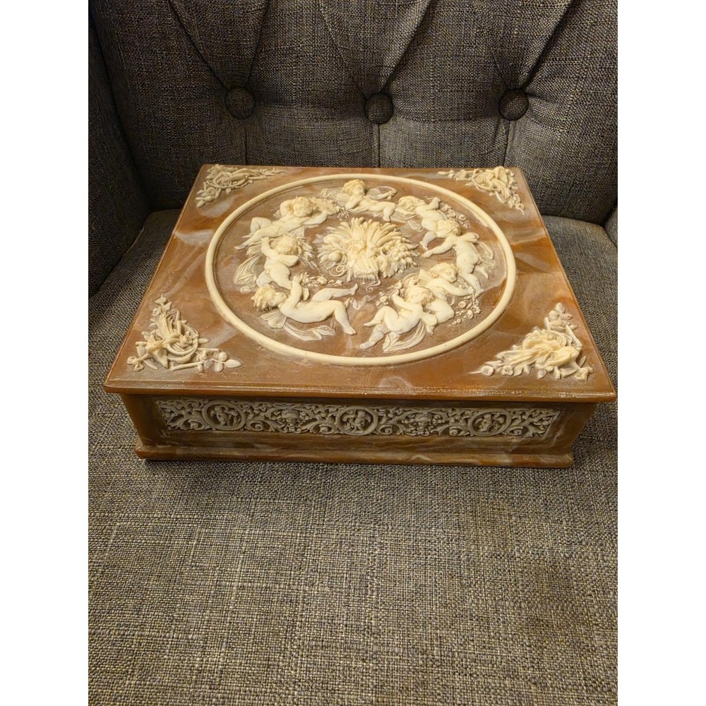 Vintage Incolay Stone Composite Jewelry Box With Tray Cherub Angels & Floral 7"